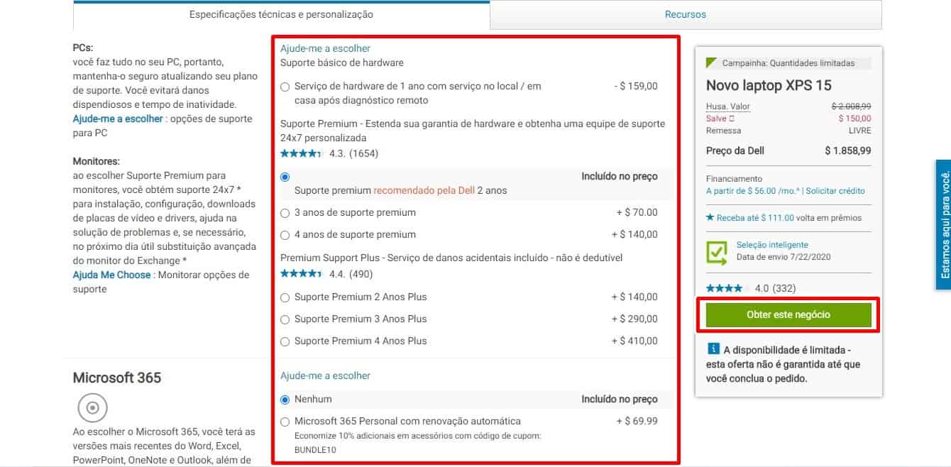 Especificações para adicionar na empresa Dell