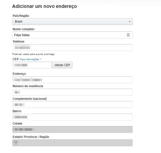amazon é confiável - preencha o formulário de endereço para a entrega
