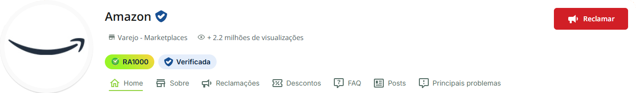 Cabeçalho da Amazon no Reclame Aqui